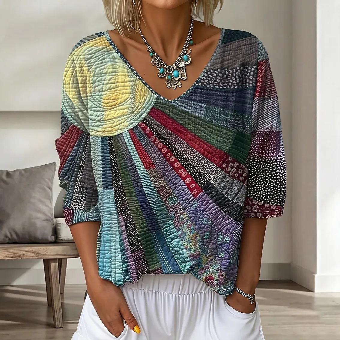

Women s V-Neck Short Sleeve Top with Irregular Color Block Print and Textured Fabric S серый