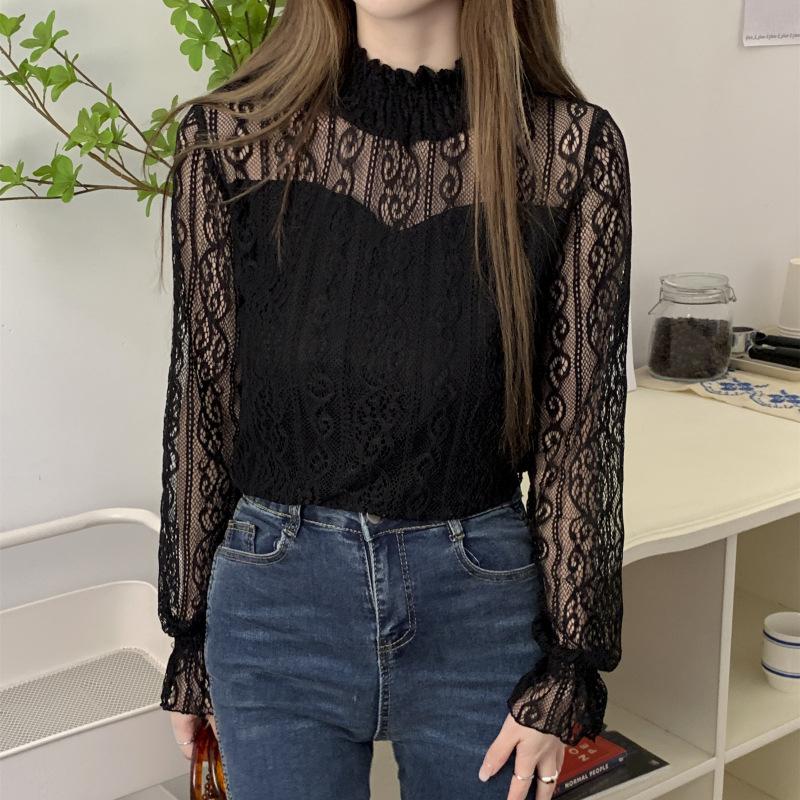 

Осенне-зимняя женская модная рубашка из кружевной сетки с полувысоким воротником XL