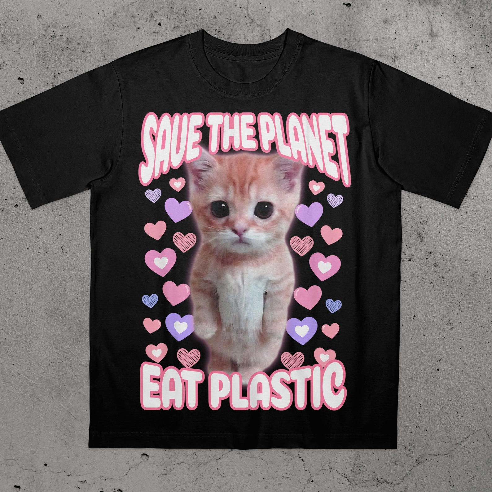 Save The Planet Eat Plastic Funny Cute Cat Meme T-Shirt L