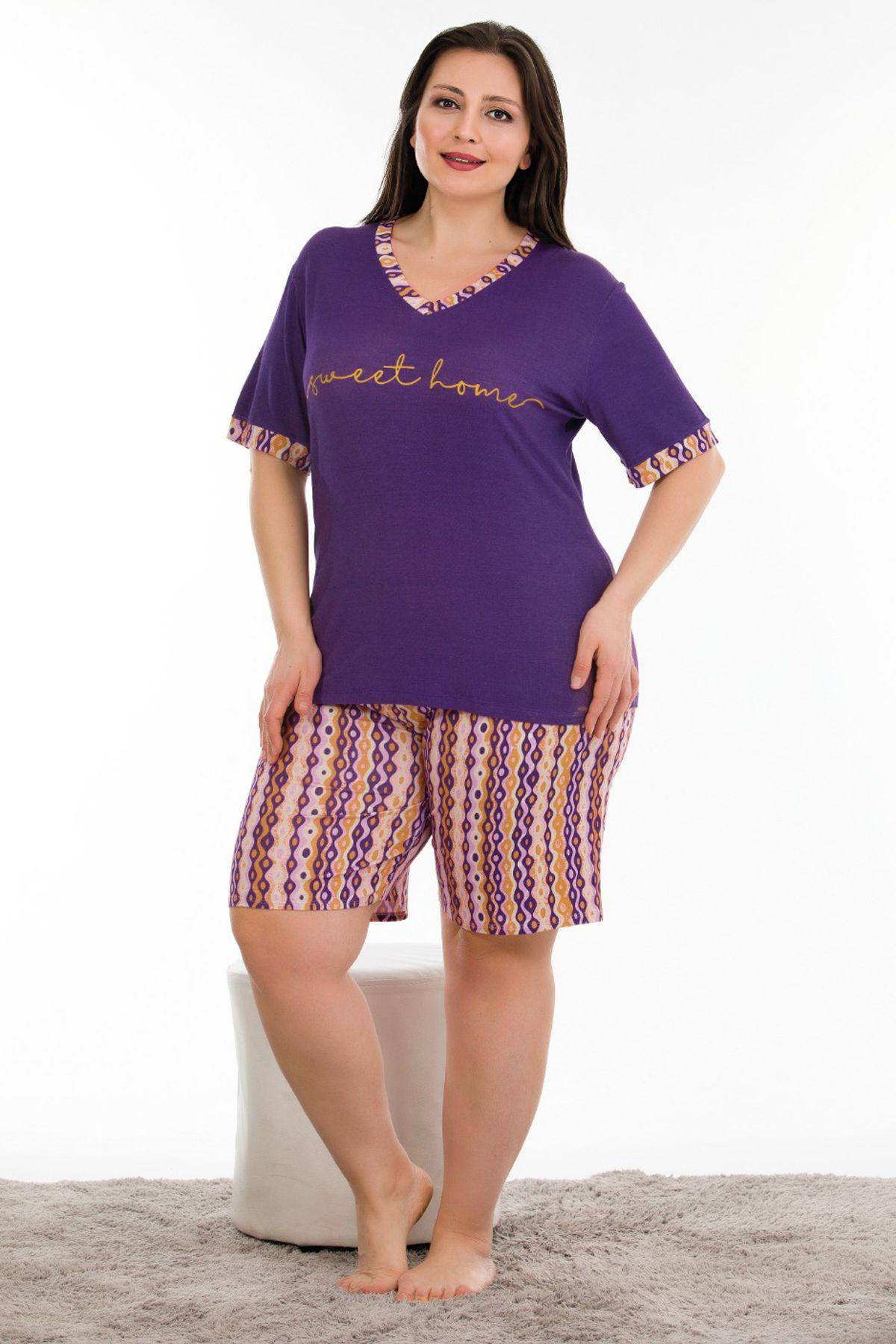 

Women s Style Plus Size Pajama Set Purple Color And Patterned Lady 10384 Big Size Pajama Set With Shorts 2XL