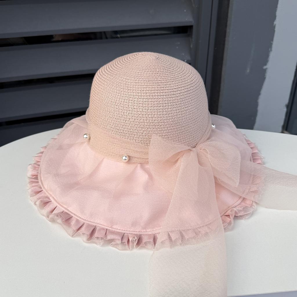 Elegant Flower Pearl Lady Hat Summer Organza Wide Brim Sunscreen Kentucky Derby Hats Women Church Wedding Beach Sun Cap