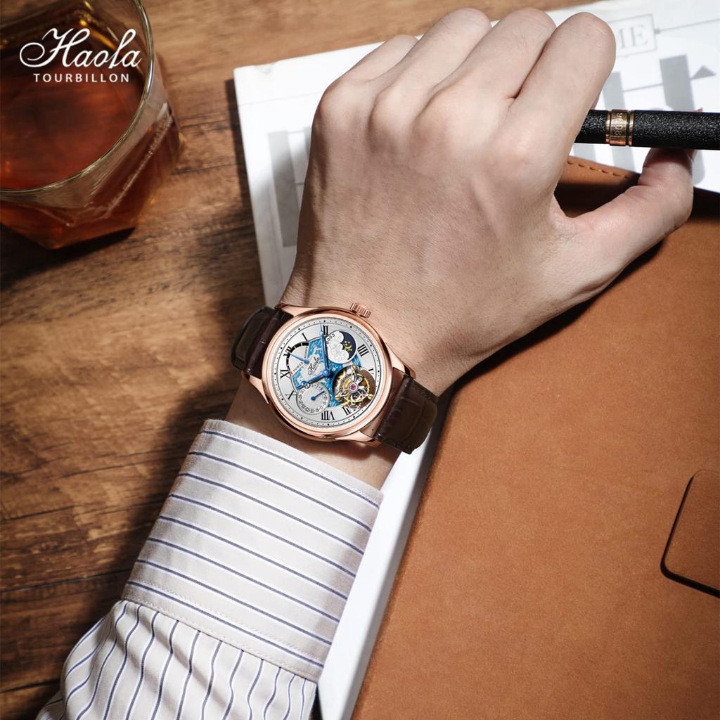 HAOFA Tourbillon Watch Mechanical Automatic Winding Energy Display Hollow Dial Moon Phase Stylish Date Luxury Sapphire Glass Popular Waterproof Gift