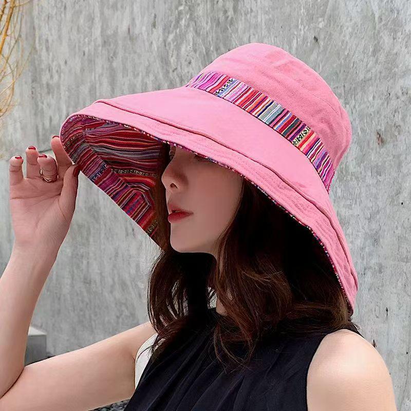 Hat women's summer big edge double-sided sunshade bucket hat Korean version versatile ethnic style travel sun protection Cap