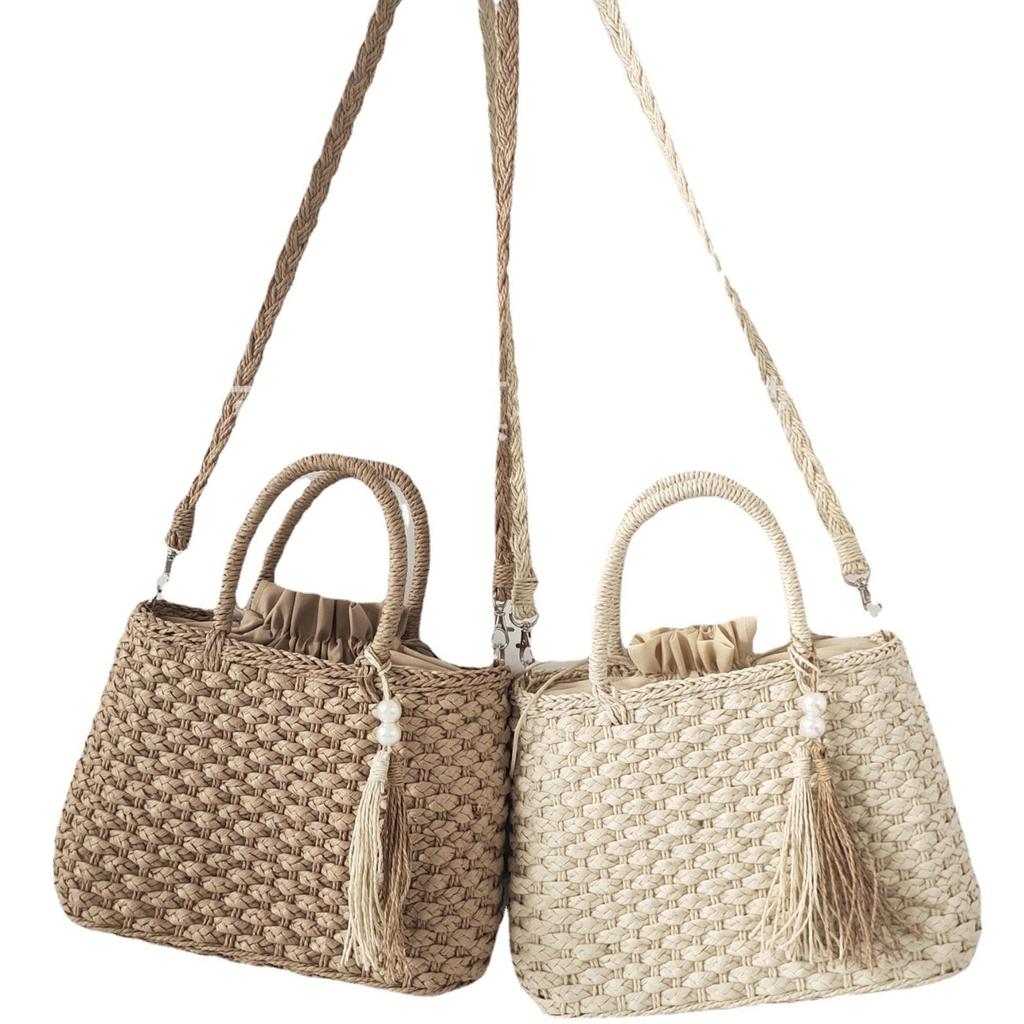 Bohemian Woven Straw Crossbody Bag Lightweight Drawstring Closure Large Capacity with Fringe Handbag for Women Beach Vacation