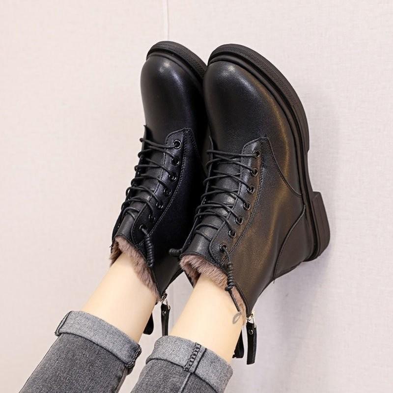 

Martin boots women s boots 2025 new winter thickened warm soft leather velvet boots non-slip flat boots 40 чёрный