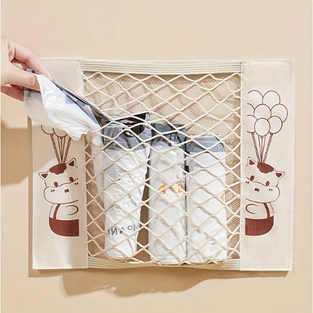 Durable Wall-Mounted Mesh Bag Dispenser With Cute Cartoon Design - Foldable Breathable Polyester Garbage Bag Holder