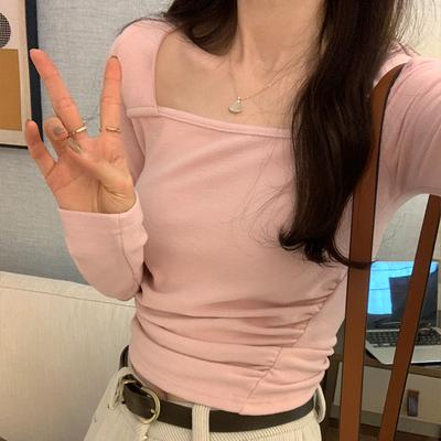 Tricou cu mâneci lungi cu design guler pătrat franțuzesc pentru femei toamnă și iarnă nou cămașă de bază culoare solidă talie strâmtă cu top scurt