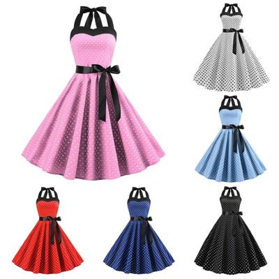 Damen-Midikleid, Neckholder, Schnürung, eng anliegend, hohe Taille, Schleife, Dekor, ärmellos, A-Linie, lockerer Saum, Punktdruck, Retro-Stil, 50er-60er-Jahre, rückenfrei, Abschlussball- und Partykleid