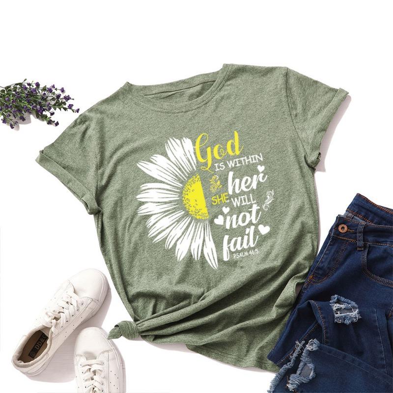 Damen Locker Rundhals Chrysanthemen-Buchstaben Reine Baumwolle Kurzarm T-Shirts Damen