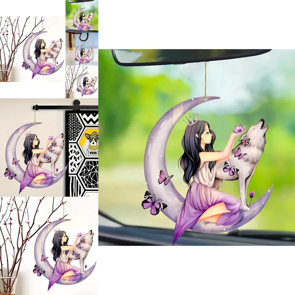 Colorful Acrylic Cartoon Floral Moon Girl Wolf Butterfly Car Pendant For Unique Auto Style