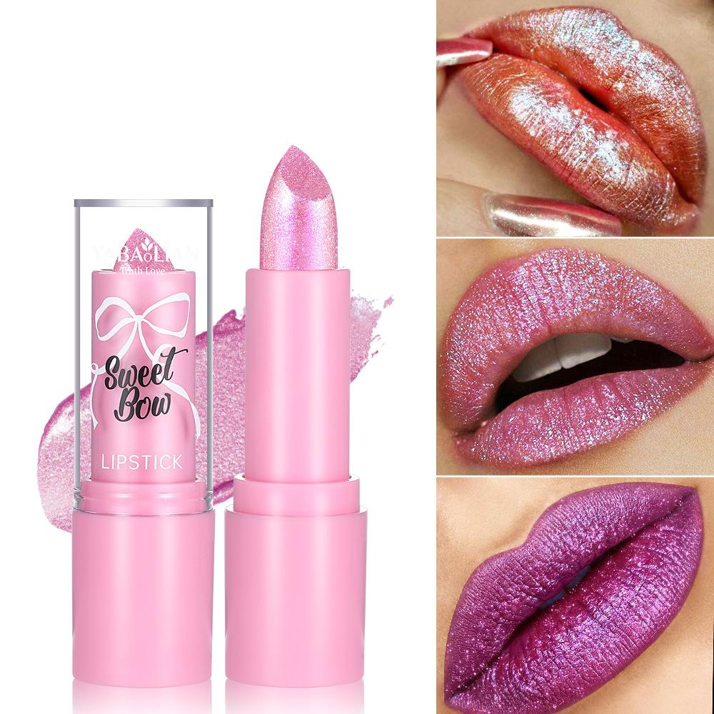 Bow Glitter Lipstick Bright Rose Pink Diamond Lipstick Mirror Pearlescent Shine Waterproof Long-Lasting Glossy Lip Tint Makeup