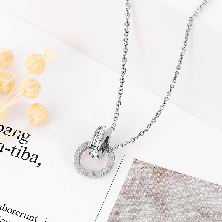 Whole Body Titanium Steel Electroplated 18K Roman Numerals Double Ring Necklace Light Luxury Titanium Steel Collarbone Chain Pendant Price