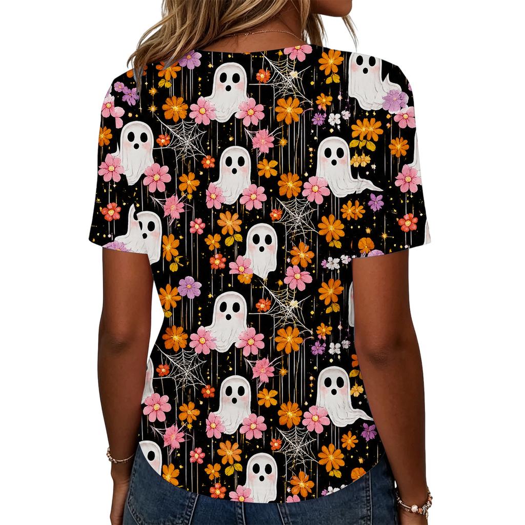 Women's Casual Loose Fit Halloween Print T-Shirt Short Sleeve Crew Neck Top Comfortable Lightweight Fabric All Over Graphic Design