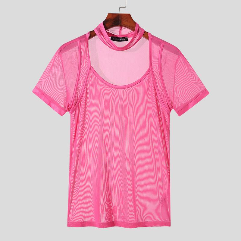 INCERUN Herre Halter Neck Kortermet Mesh T-skjorte Muskelsittende Gjennomsiktig Topper