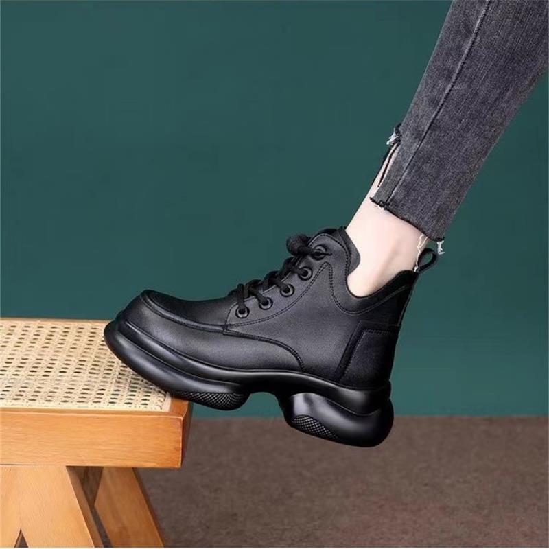 Weiche Leder Schnürstiefel mit dicker Sohle und Absatz, Herbst neu, Retro, runde Spitze, schlank, vielseitig, Damenstiefel