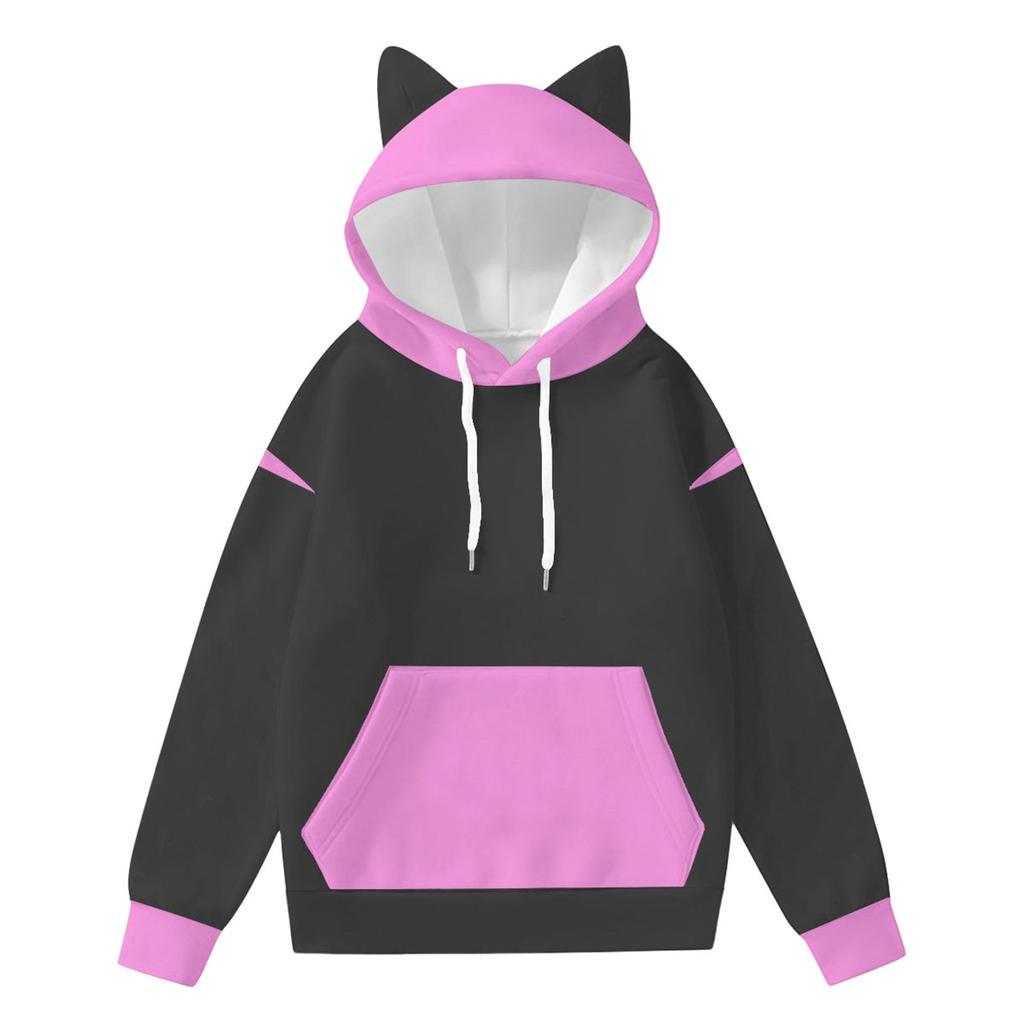 Women's Fashion Long-Sleeved Color-Blocked Printed Hooded Sweatshirt With Ears
