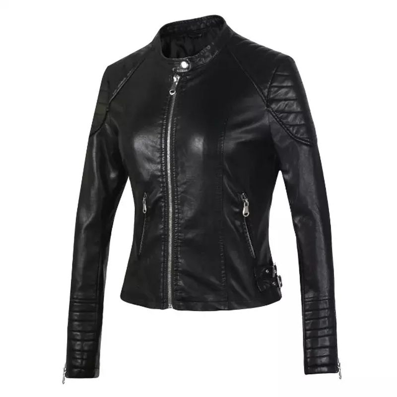 

Spring and Summer New High Waist Fashion Slim Fit Short Leather Jacket Black S