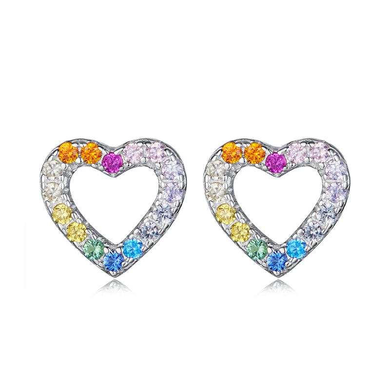 WOSTU 925 Sterling Heart Classical Heart Stud Earrings for Women Mini Rainbow Clear CZ Ear Studs Lovely Gift for mom duaghter