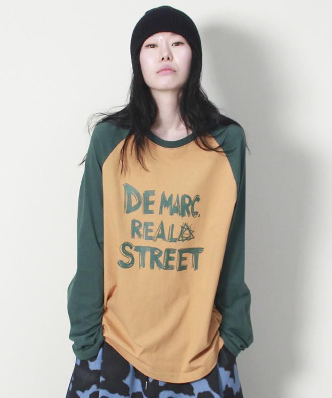 Deumakeu Real Street Color Mix Raglan Long Sleeve T-Shirt Khaki & Mustard