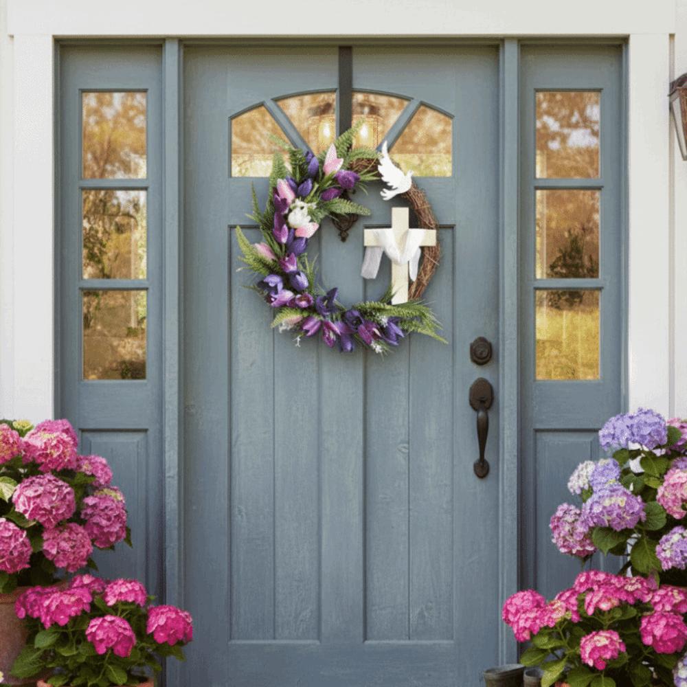 Oster-Tulpen-Kreuz-Kranz aus Kunstblumen, farbenfrohes Design, handgefertigter Rattan-Ring, Girlande, künstliche Girlanden zum Aufhängen an der Haustür