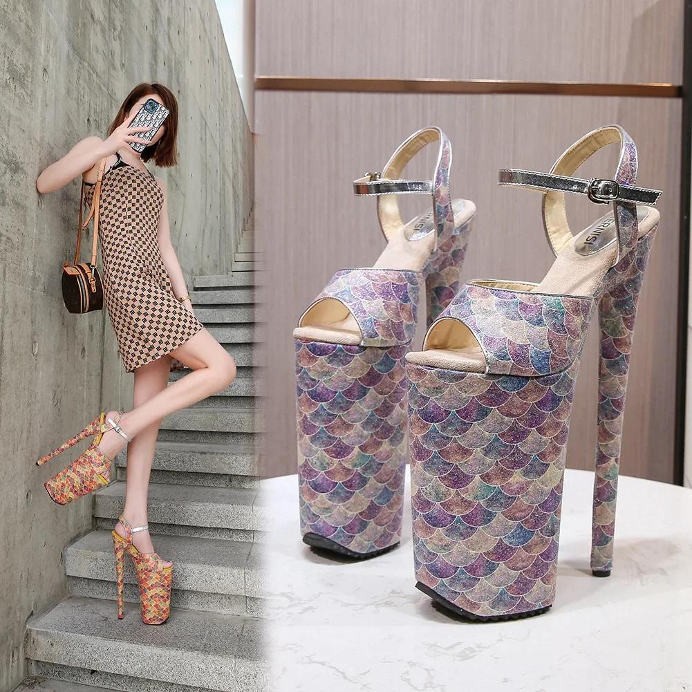 Fashion Snake print Open toe super high with sandals 26cm nightclub pole dance shallow mouth large size platform 8 inches stripper New