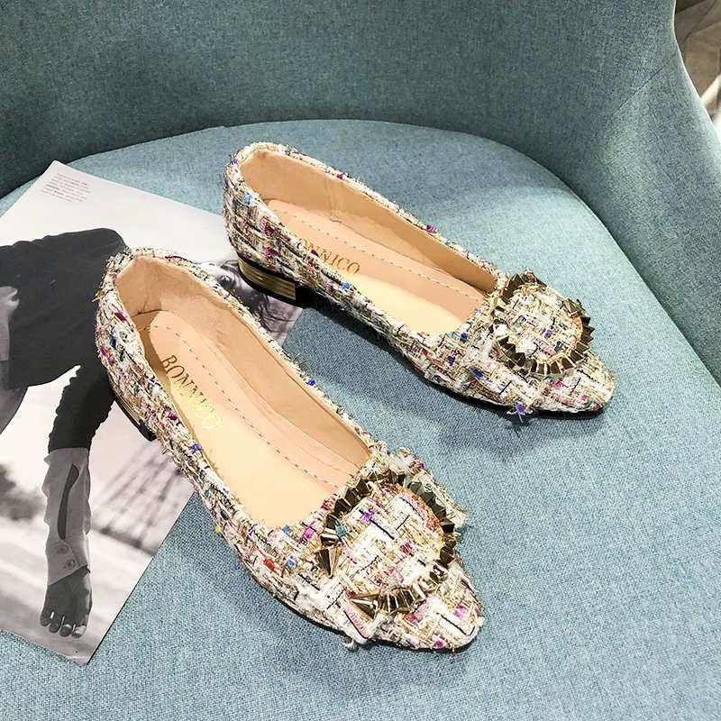 Fashion Thick Heeled Women's Shoes 2024 New Fully Equipped Pointed Flat Shoes Houndstooth Metal Decoration Shallow Mouth Middle Heel