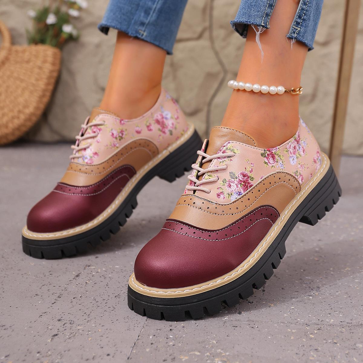 

Autumn Printed Low-top Shoes 2025 New Plus-size Lace-up British Style Muffin Small Leather Shoes for Women 43 бордовый