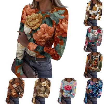 Women's Casual Fashion Round Neck Retro Print Long Sleeve Ribbed Top