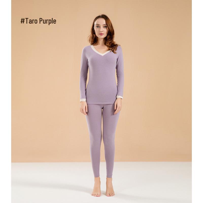 Women's V-Neck Pure Cotton Warm Base Layer Set - Autumn/Winter