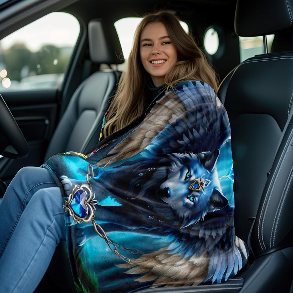 1pc Winged Wolf & Wolf with Glowing Blue Eyes - Northern Lights Night Scene Flannel Blanket - Extra Large Throw for Bed, Sofa, C