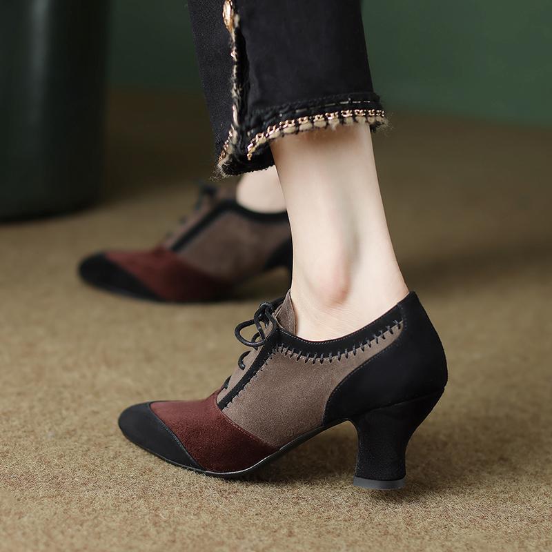Fashion 2025 New Spring Autumn Retro Mature Women Pumps Office Ladies High-heeled Lace-Up Genuine Leather Suede Shoes Woman High Quality