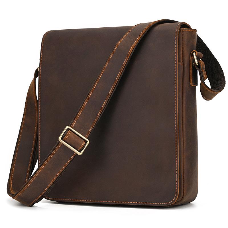 Men'S Genuine Leather Shoulder Bag Crazy Horse Leather Messenger Bag First Layer Cowhide Flip Shoulder Bag Casual Bag