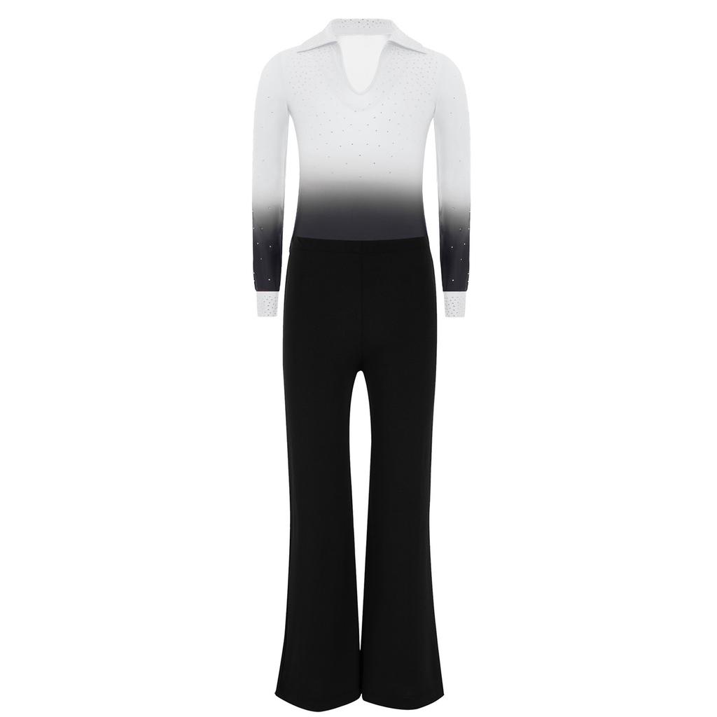 Conjunto de Leotard de Dança Brilhante com Strass, Gola Reversível, Manga Longa e Calça com Cós Elástico para Meninos