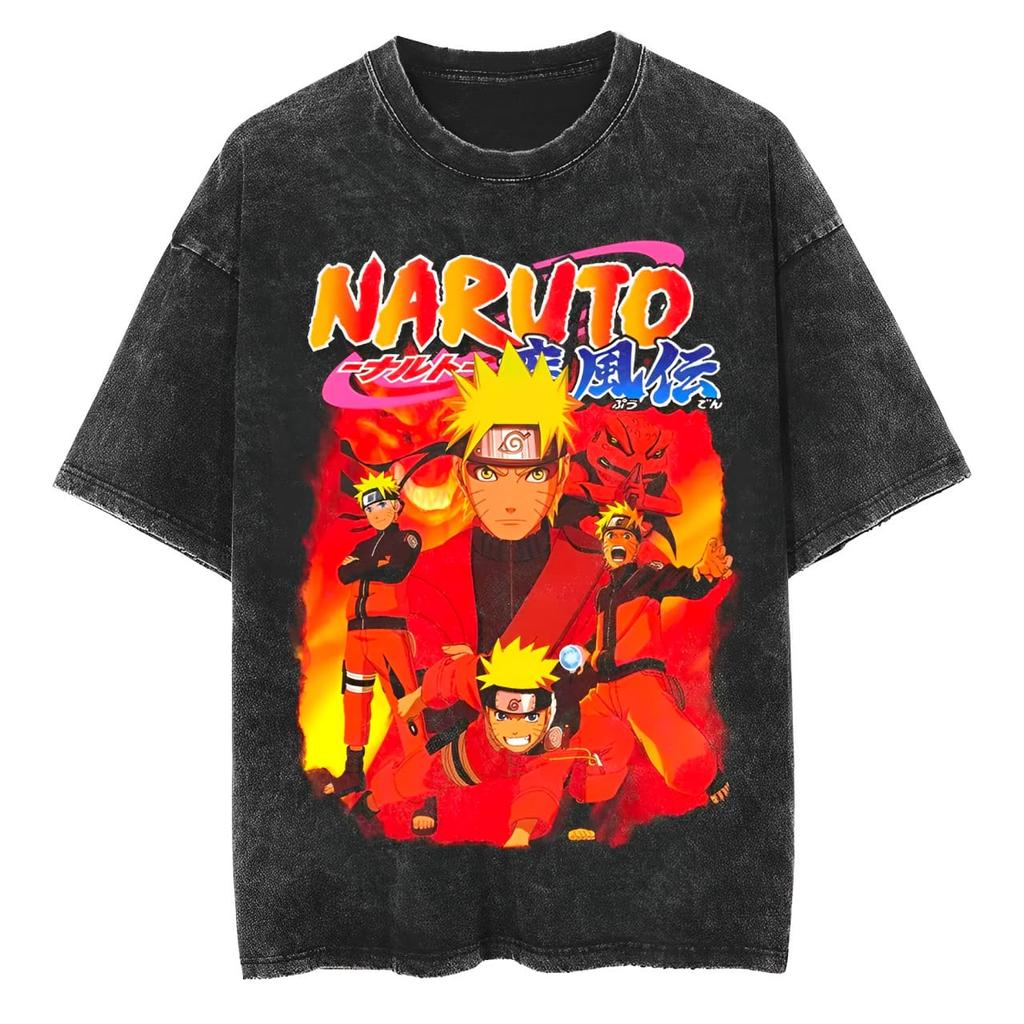 Naruto Shippuden T Shirt Men Acid Wash Uzumaki Anime Graphic Cotton Streetwear Sage Mode Kurama Vintage 90s Bootleg Tee