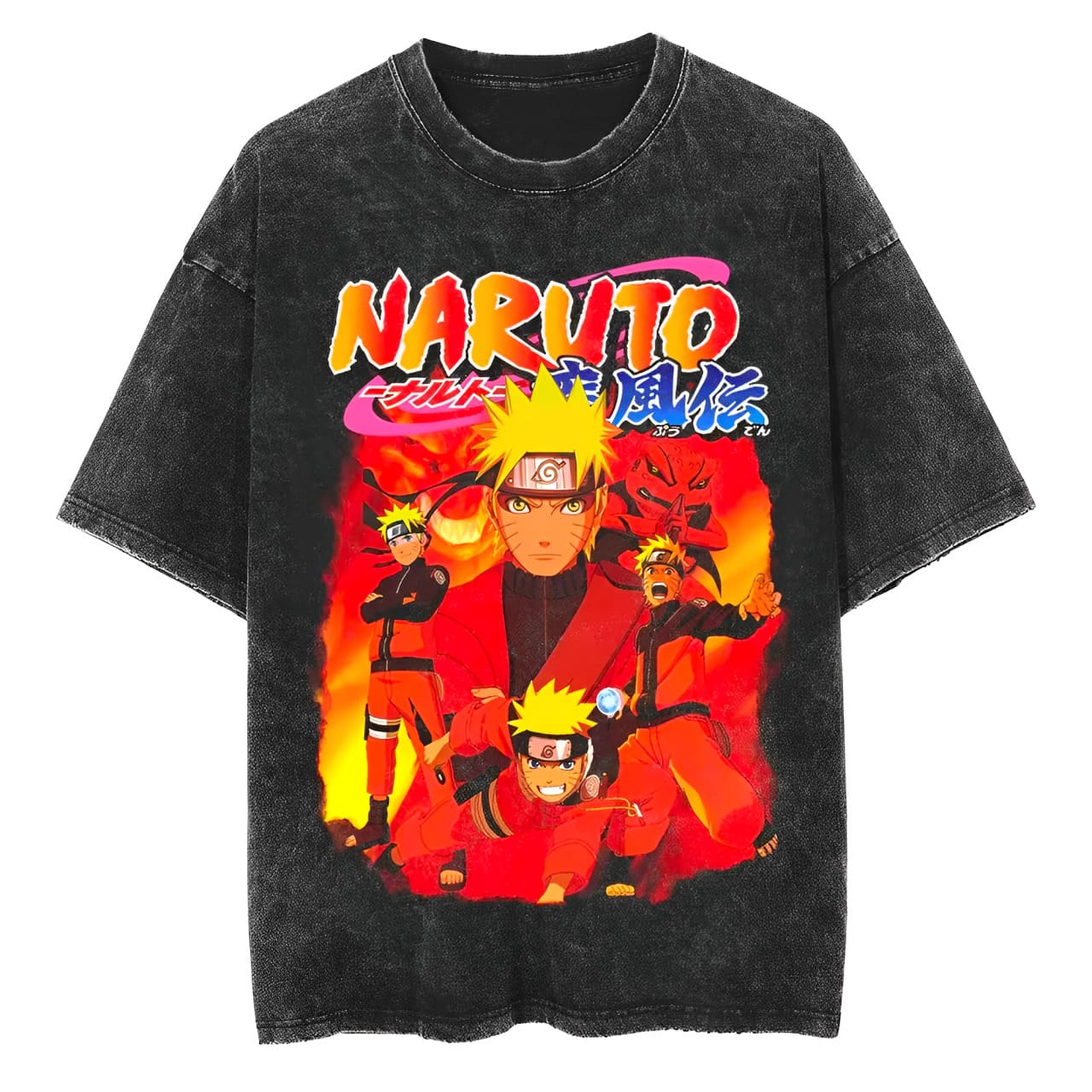 Naruto Shippuden T Shirt Men Acid Wash Uzumaki Anime Graphic Cotton Streetwear Sage Mode Kurama Vintage 90s Bootleg Tee M