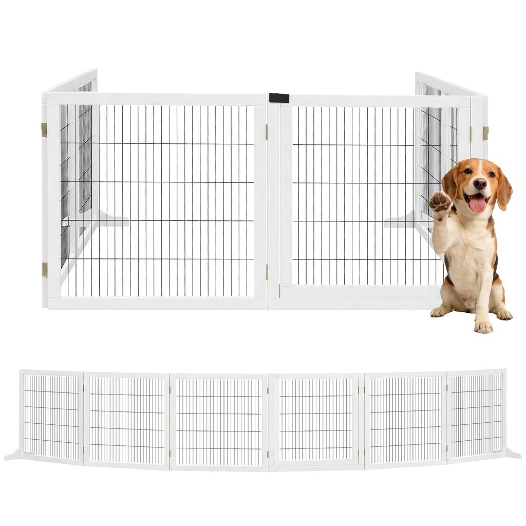 6-Panel Folding Dog Gate for Small/Medium Size Dogs, Made of Wood and Steel, 432x36x70 cm, White