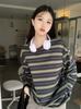 2026 Casual Women Long Sleeve Striped T-Shirt Loose Fit Casual Round Neck Spring Autumn Printed Blouse Fashion Elegant Basic Clothing