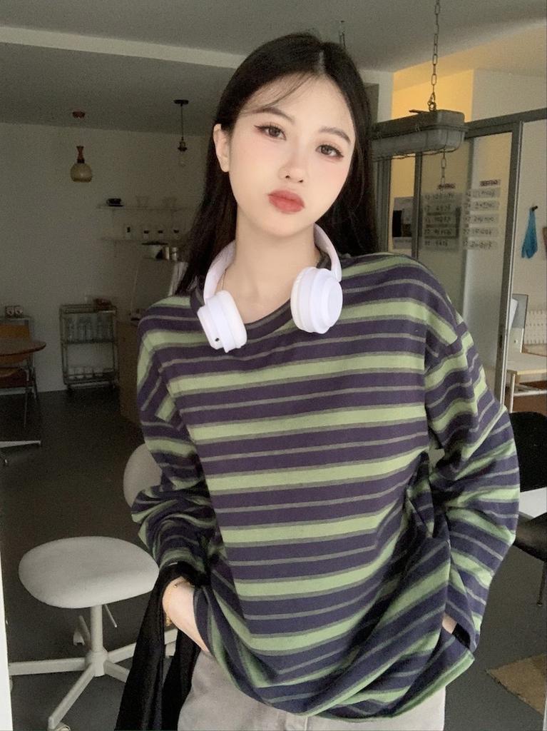 2026 Casual Women Long Sleeve Striped T-Shirt Loose Fit Casual Round Neck Spring Autumn Printed Blouse Fashion Elegant Basic Clothing