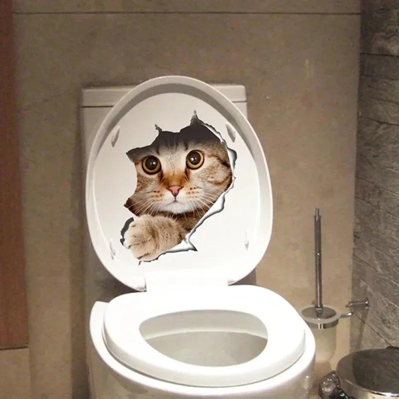 Lebendige 3D Loch Lustige Katze Hund Toilettenaufkleber DIY WC Waschraum Heimdekoration Niedliches Kätzchen Welpe Haustiere Wandkunst Aufkleber