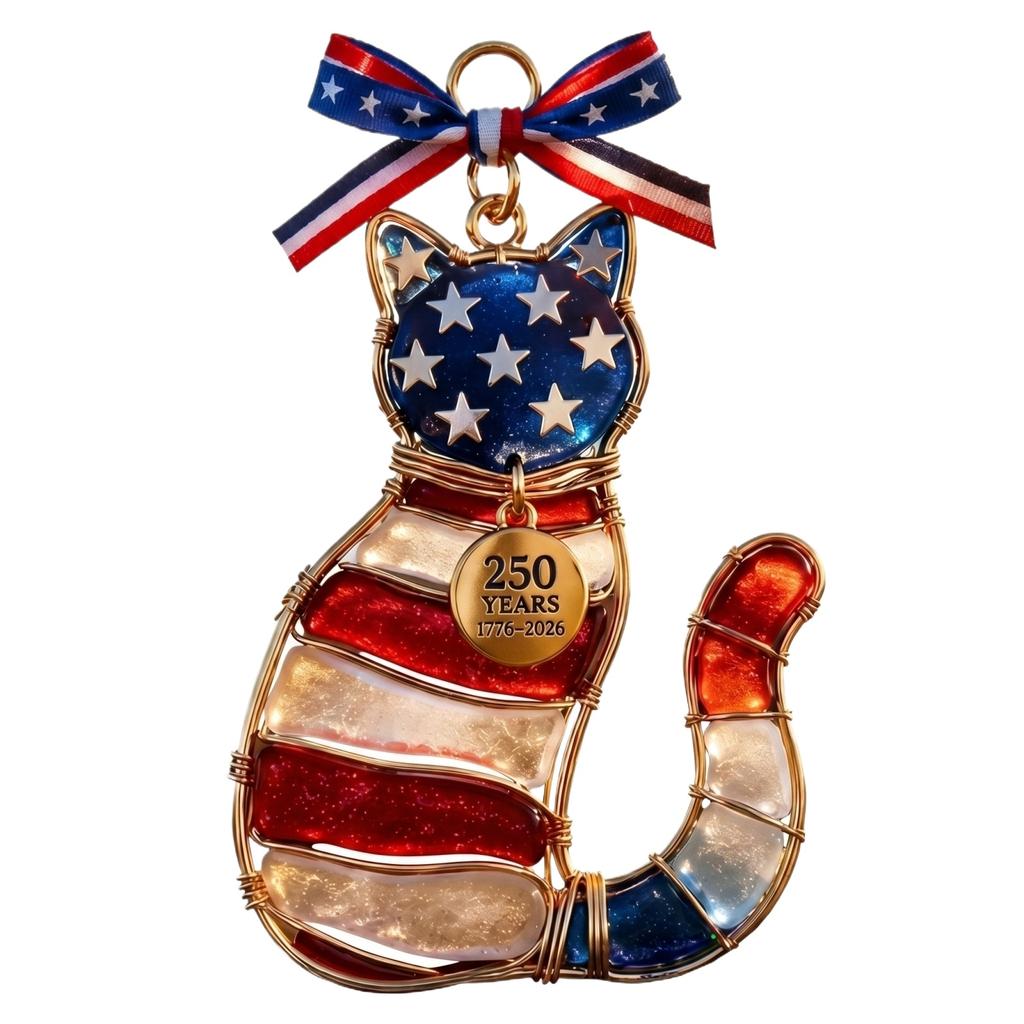 Wire Cat Shaped Ornament with Patriotic Themed Print and 250 Years 1776–2026 Medallion for Indoor Outdoor Decoration