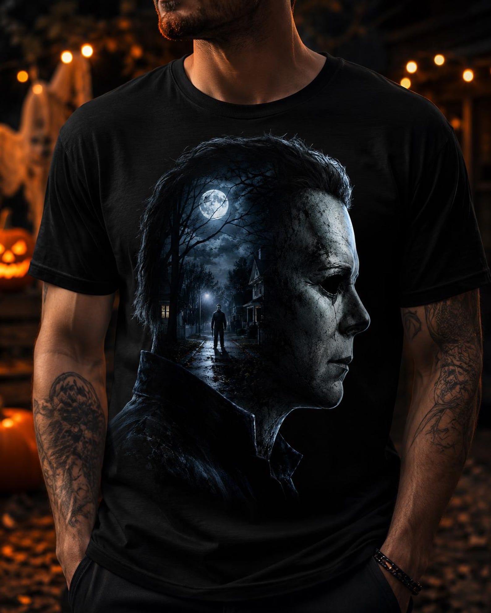 Masked Slasher Horror Shirt, Double Exposure Halloween Graphic Tee XL