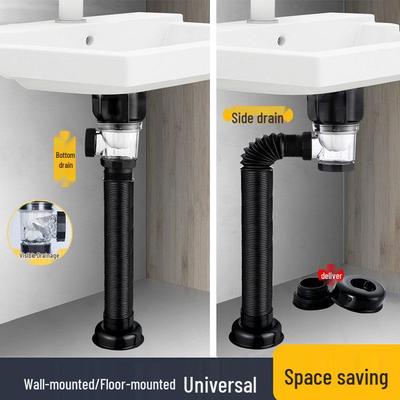 Wall-Mounted Anti-Odor Bathroom Sink Drain Set - Stainless Steel Basin Pipe and Horizontal Drainer.