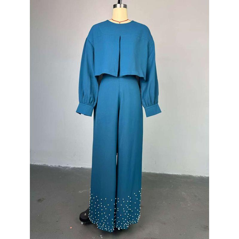 

European and American Irregular Top Beads Wide Leg Pants Set Irtop Regular Wide Leg Pants Set Peacock Blue XXL