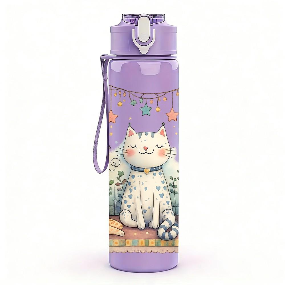 1PC Festive Cat Night Sky Cartoon Print 750ml Color Plastic Sports Water Bottle Leakproof Flip Straw Lid Suitable for Sports Office Home Use