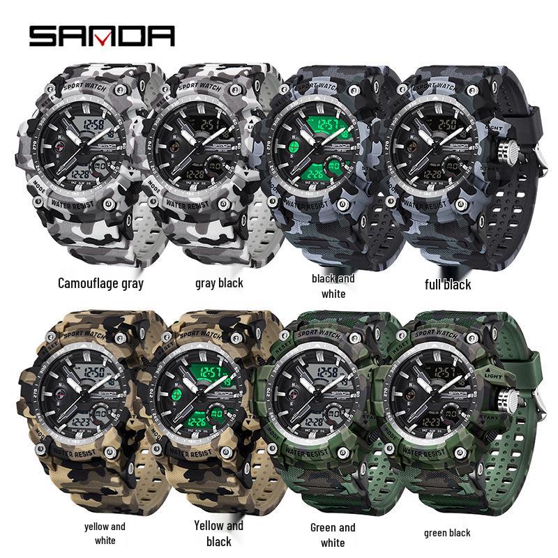 Sanda Men's Multifunctional Camouflage Outdoor Sports Watch – Waterproof with Dual Display and Alarm Clock.