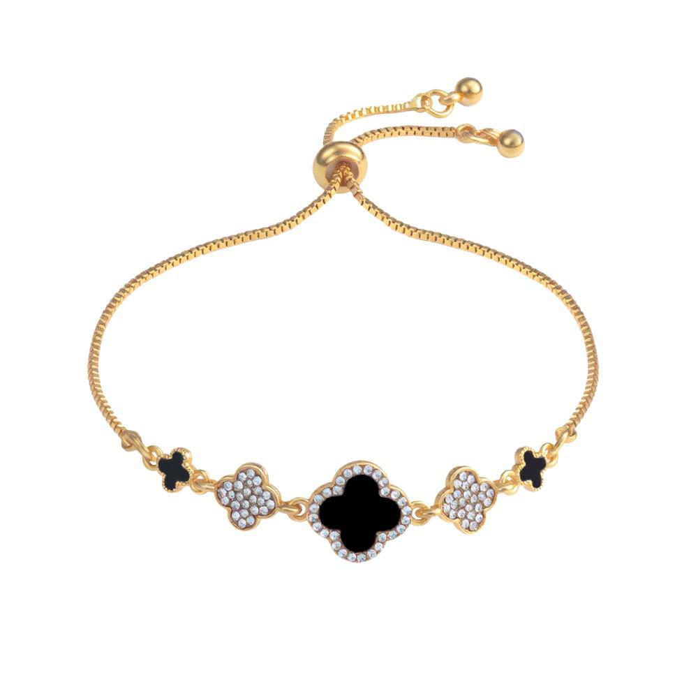 

New High-End Four-Leaf Clover Zircon Bangle - Elegant Pull-Out Bracelet for Women KC Gold + Black