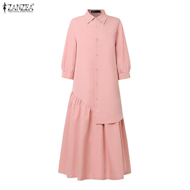 ZANZEA Women Turn Down Collar Long Sleeve Loose Casual Shirt Dress