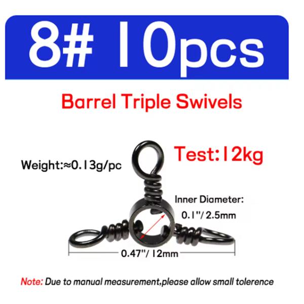 10pcs/bag #8 - 3/0 Fishing 3 Way Swivels Sea Fishing Barrel Triple Swivels Fishhook Lure Rigs Connector Accessory #8