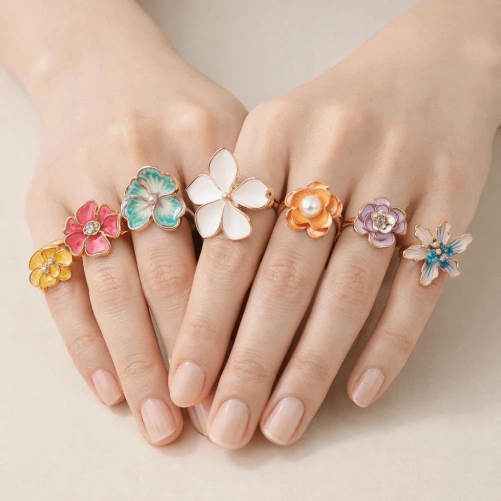 Camellia Flower Flower Ring Dripping Oil Korean Style Enamel Finger Ring Baroque Rhinestone French Irregular Ring Jewelry