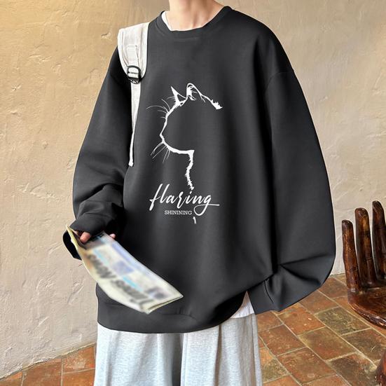Pánská oversized mikina Hip-hop styl kočka Profil Potisk O Výstřih Volný Jednobarevný Silný plyš Pulovr střední délky Denní Sport Streetwear Top